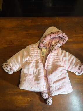 Bon Bebe Baby Girl Pink Faux Fur Hooded Jacket with Leopard Trim